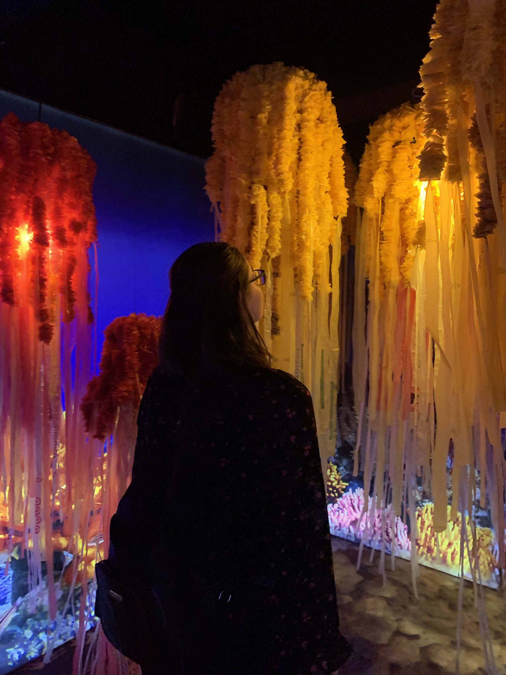 girl looking at jellyfish made out of plastic